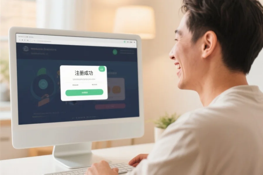 一位用户正高兴地在电脑屏幕前收到“注册成功”的提示，背景温馨明亮