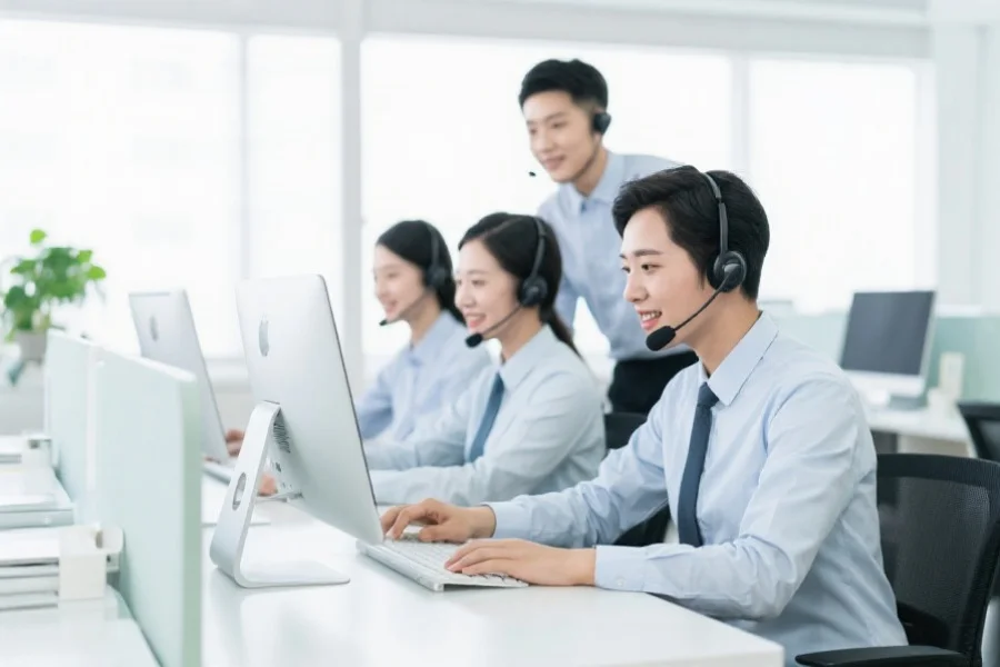 专业客服团队在明亮办公室，通过电脑与用户互动，展现出耐心与专业的服务态度